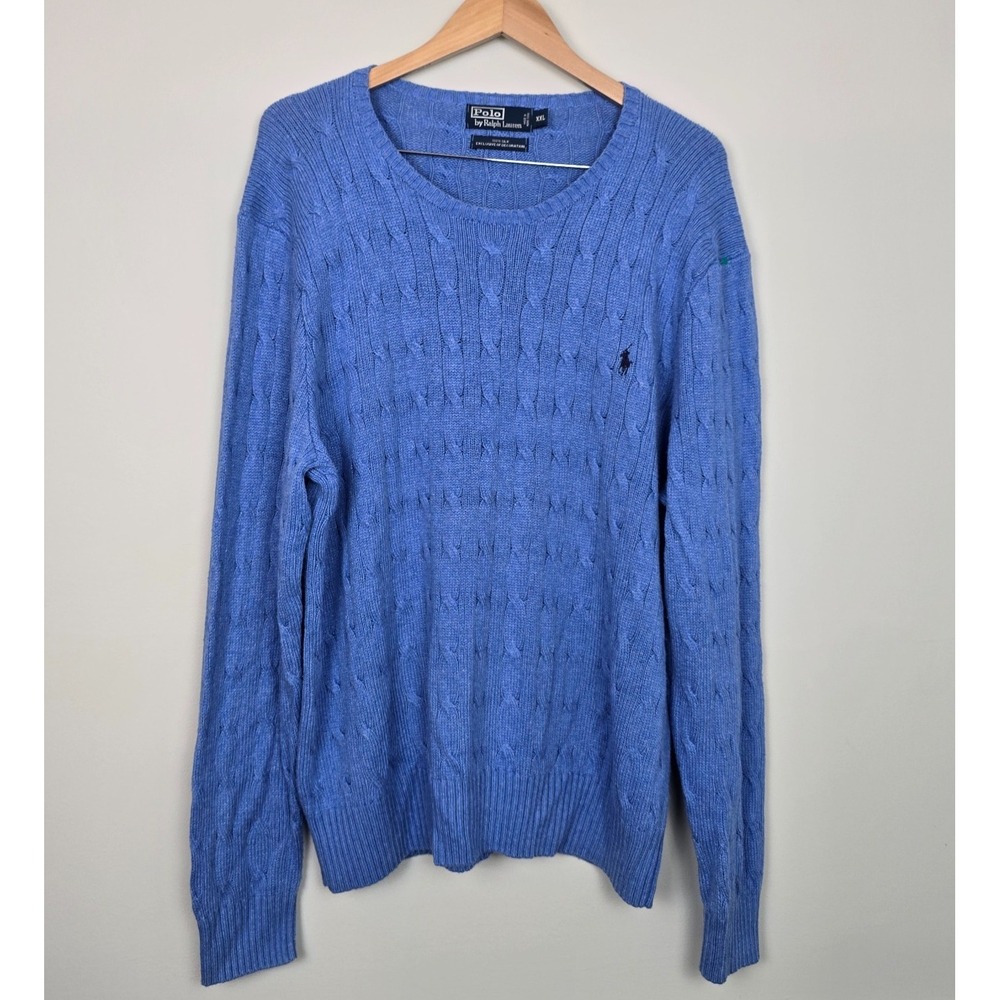 Vintage Polo Ralph Lauren Silk Cable Knit Sweater XXL Blue Coastal Prep